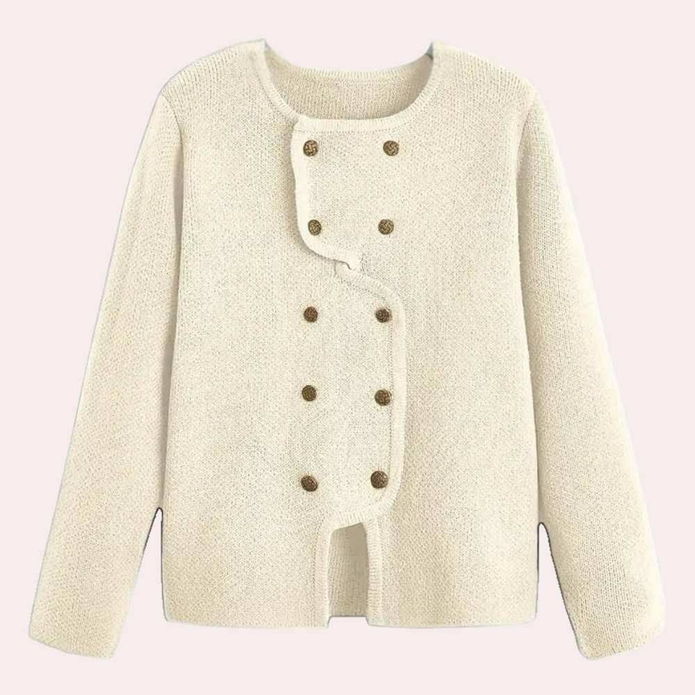 Beige damesvest met asymmetrische knoopsluiting, lange mouwen en ronde hals. Stijlvol en comfortabel, perfect voor casual en zakelijke outfits.