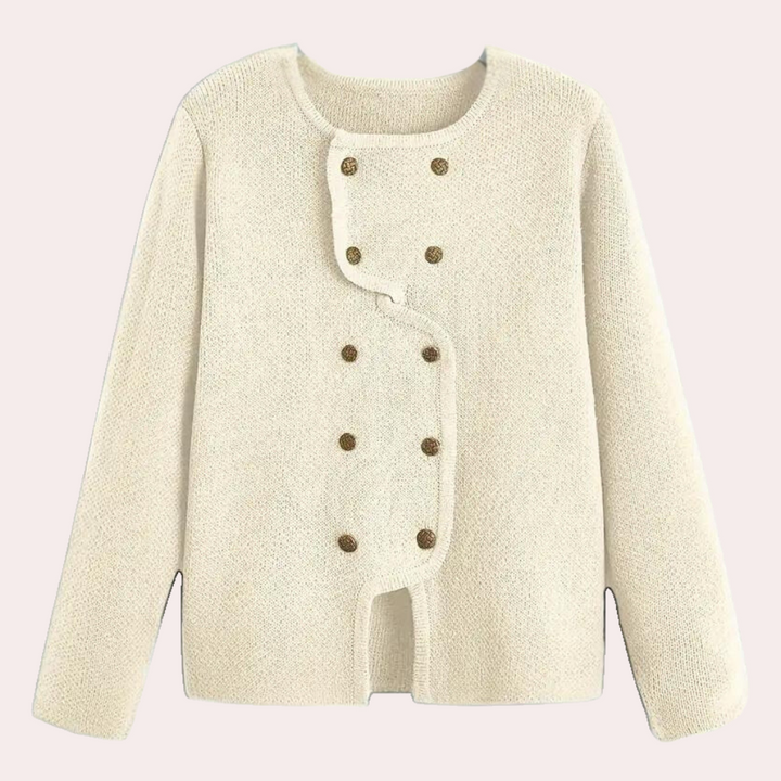 Beige damesvest met asymmetrische knoopsluiting, lange mouwen en ronde hals. Stijlvol en comfortabel, perfect voor casual en zakelijke outfits.