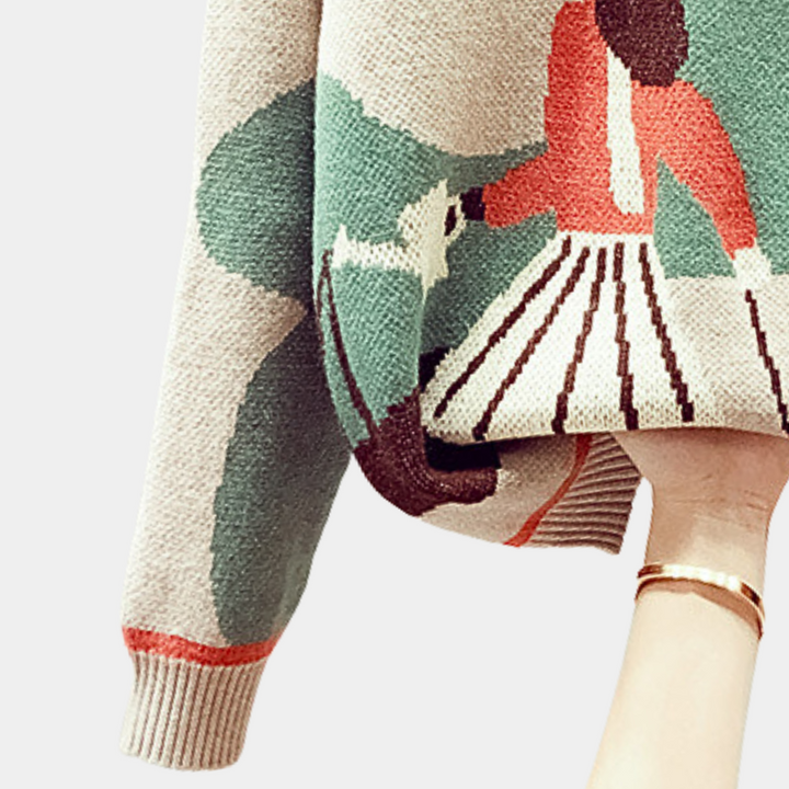 Gebreide trui met kleurrijk abstract patroon, inclusief figuren en strepen. Perfect voor herfstmode, trendy en comfortabel design.