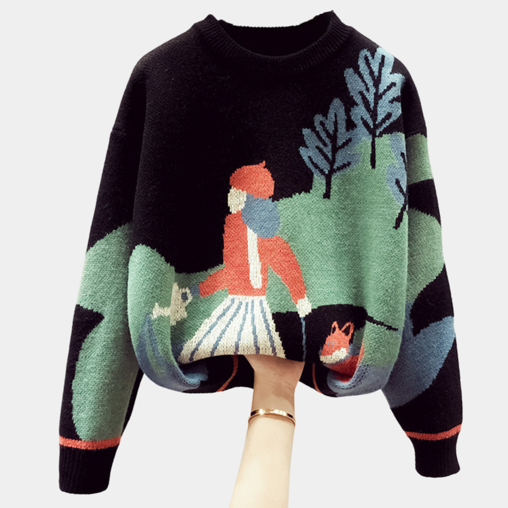 Zwarte trui met kleurrijke gebreide print van een wandelaar in een landschap, bomen en een vos. Unieke mode, herfstkleding, warme gebreide trui.