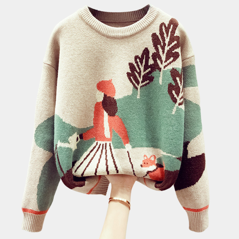 Damestrui met herfstlandschap, gebreid patroon van vrouw, hond en bomen, in khaki en groen. Perfect voor casual herfstmode.