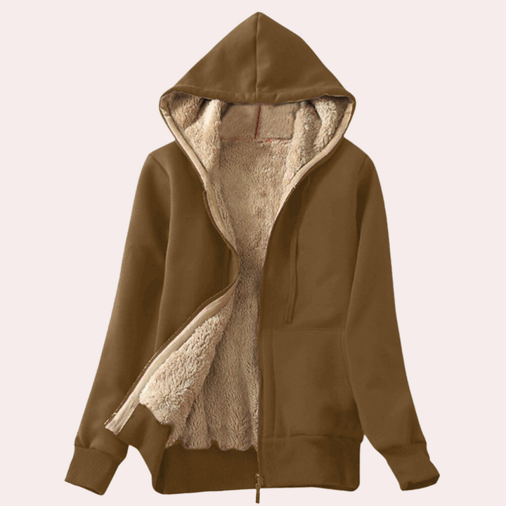 Bruine fleece gevoerde hoodie met rits, capuchon en zakken. Comfortabele winterkleding voor heren en dames. Perfect voor casual en outdoor activiteiten.