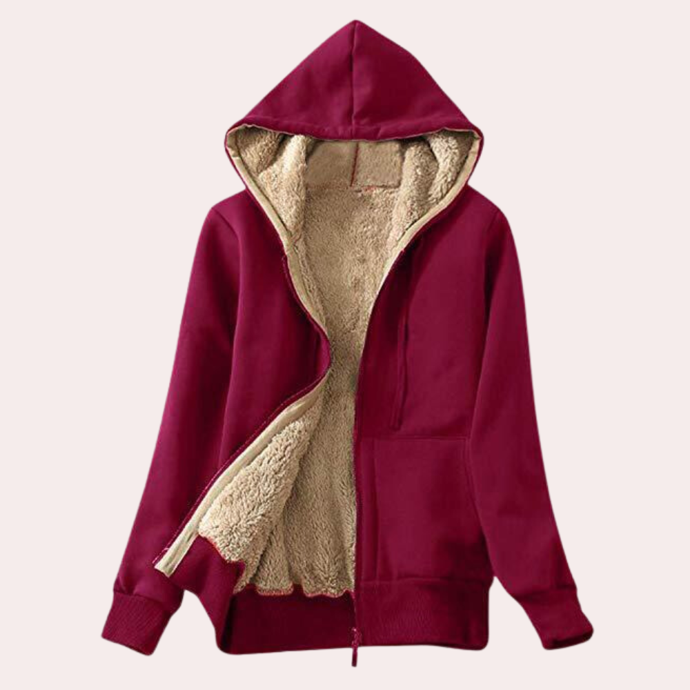 Rode fleece gevoerde hoodie met rits, capuchon en zachte binnenkant. Perfect voor wintermode en casual comfort. Unisex kledingstuk.