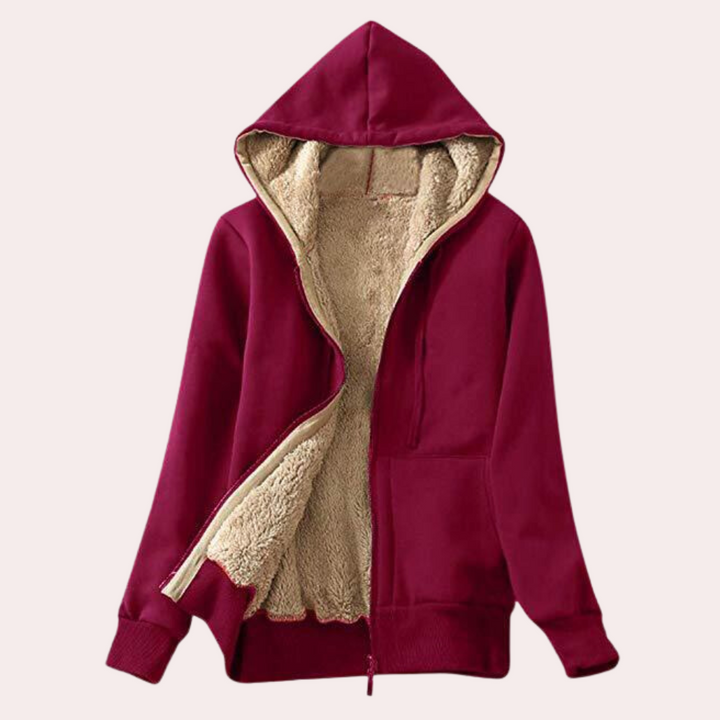 Rode fleece gevoerde hoodie met rits, capuchon en zachte binnenkant. Perfect voor wintermode en casual comfort. Unisex kledingstuk.