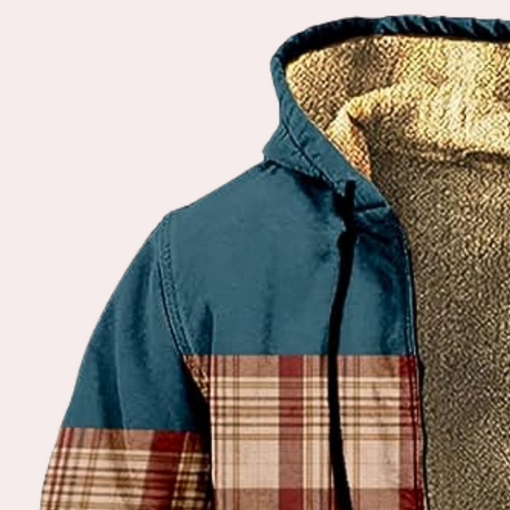 Blauwe en geruite jas met capuchon, gevoerd met warme fleece. Modieuze winterjas voor heren, ideaal voor koude dagen. Comfortabele en stijlvolle buitenkleding.