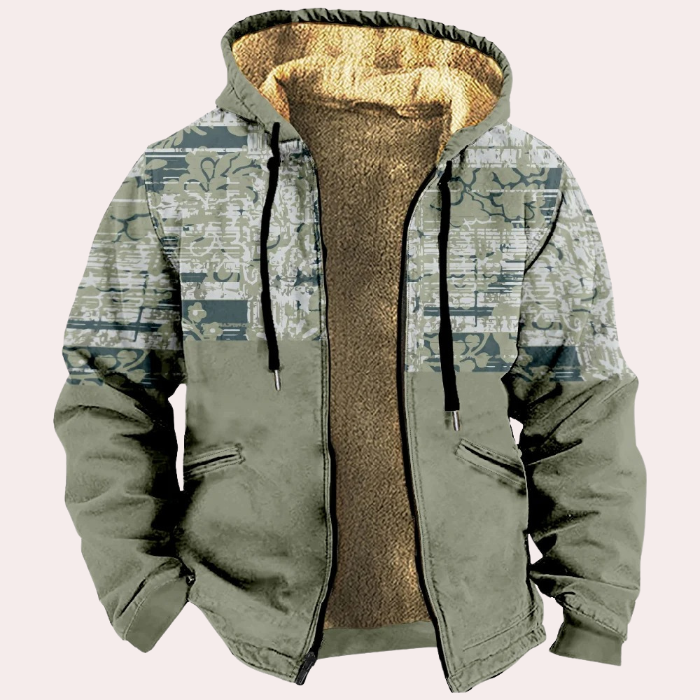 Groene herenjas met capuchon, fleece voering en grafisch patroon. Warme winterjas, casual stijl, ideaal voor koude seizoenen.