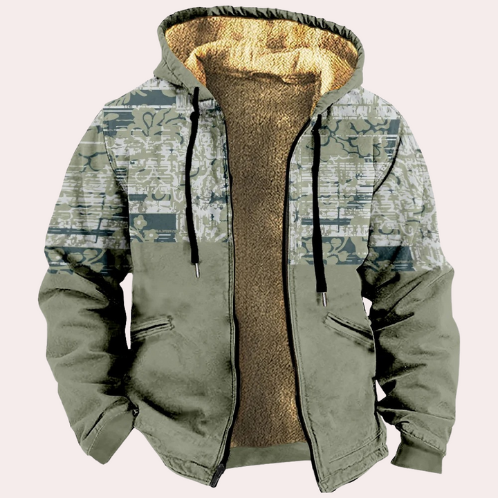 Groene herenjas met capuchon, fleece voering en grafisch patroon. Warme winterjas, casual stijl, ideaal voor koude seizoenen.
