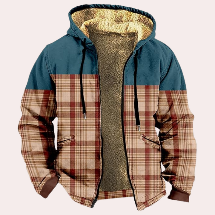 Rood geruite herenjas met capuchon, warme voering en rits. Modieuze winterjas, casual stijl, ideaal voor koude dagen.
