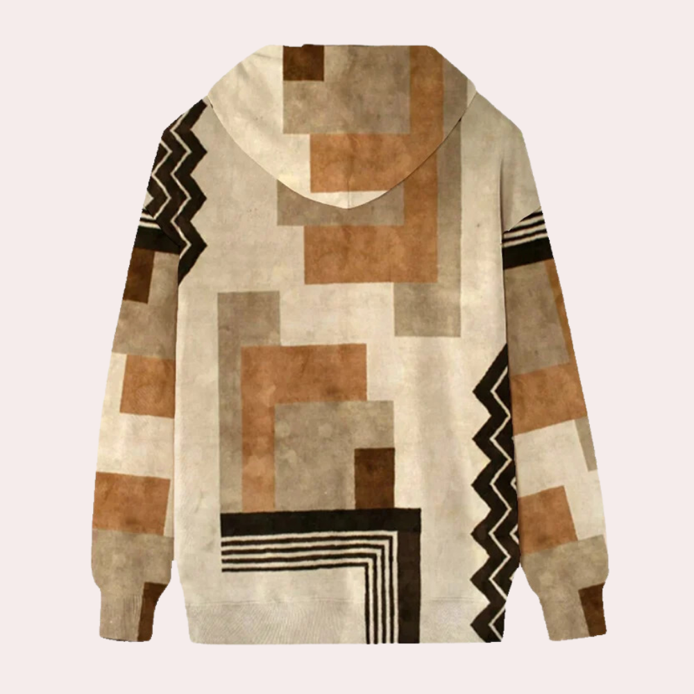 Achterkant van een beige en bruine geometrische hoodie met abstracte patronen, ideaal voor casual mode. Comfortabele unisex trui met capuchon.