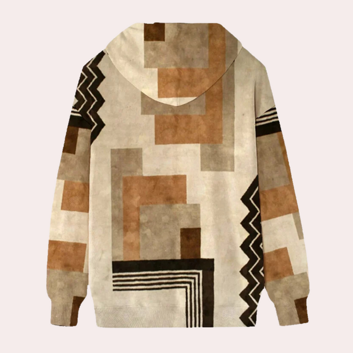 Achterkant van een beige en bruine geometrische hoodie met abstracte patronen, ideaal voor casual mode. Comfortabele unisex trui met capuchon.