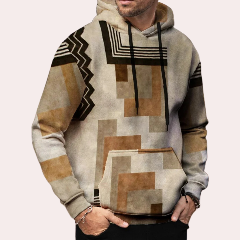 Bruine hoodie met geometrisch patroon, abstracte vormen en capuchon. Modieuze herenkleding, comfortabele pasvorm, trendy streetwear stijl.