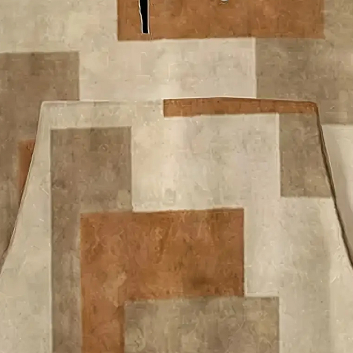 Beige en bruine geometrische vloerkleed met abstracte vierkanten en rechthoeken, modern design, geschikt voor woonkamer of kantoorinrichting.