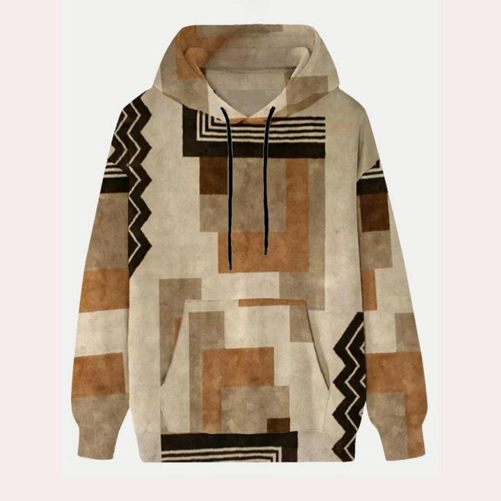 Hoodie met geometrisch patroon in aardetinten, inclusief beige, bruin en zwart. Unisex design, comfortabele pasvorm, ideaal voor casual streetwear.