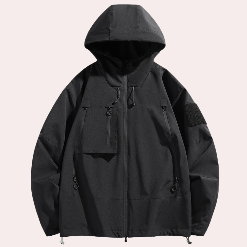 Zwarte unisex hoodie met capuchon, voorvak en ritssluiting. Ideaal voor casual streetwear. Comfortabele pasvorm, trendy en veelzijdig.