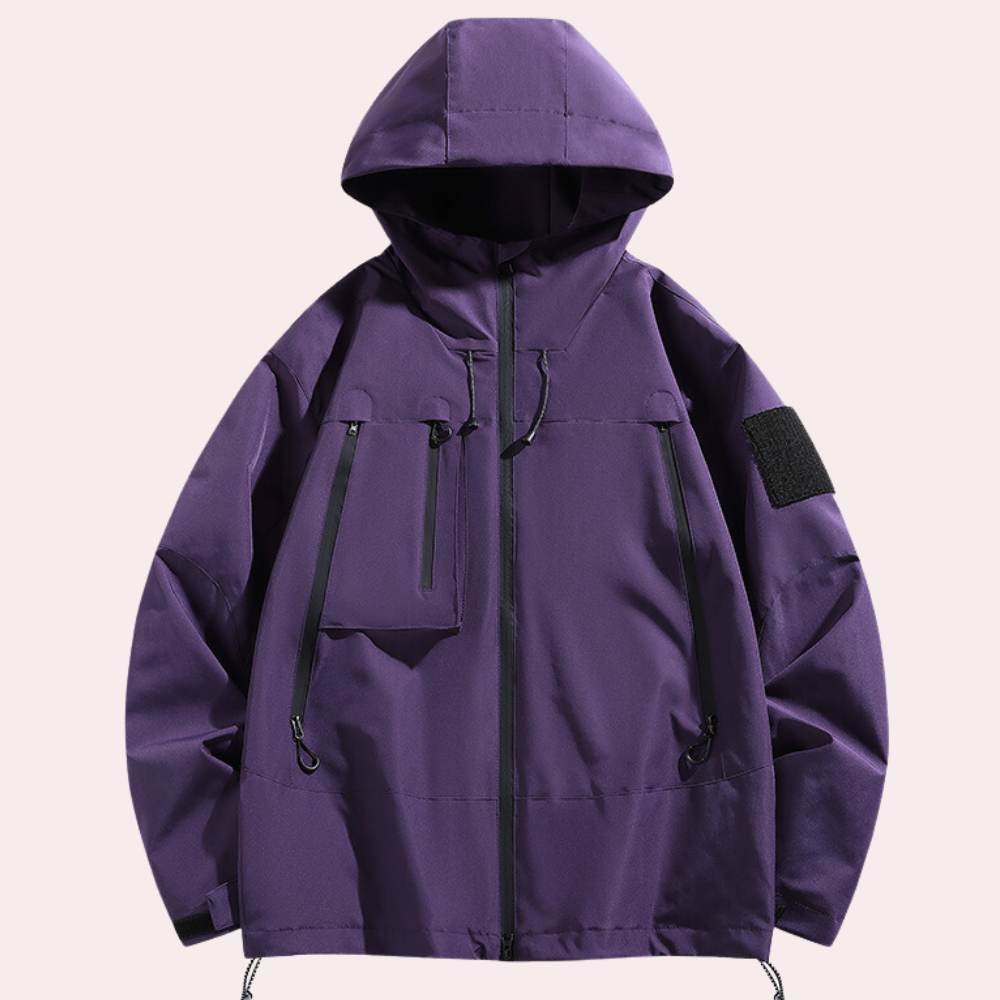 Paarse unisex windjack met capuchon, waterdicht en ademend, ideaal voor outdoor activiteiten. Stijlvolle jas met zakken en verstelbare koorden.
