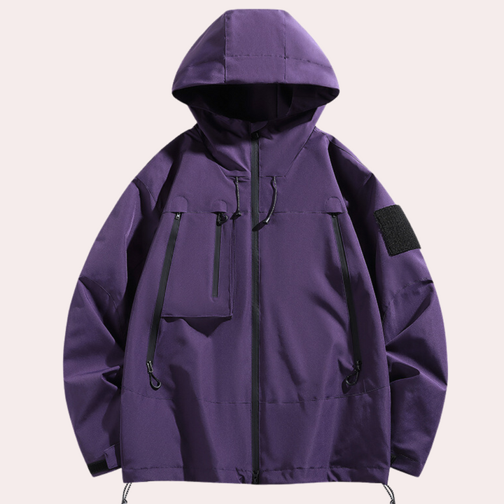 Paarse unisex windjack met capuchon, waterdicht en ademend, ideaal voor outdoor activiteiten. Stijlvolle jas met zakken en verstelbare koorden.