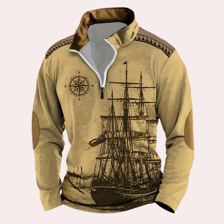 Khaki trui met lange mouwen, scheepsprint en kompasontwerp, halve rits, elleboogstukken, nautische stijl, herenmode, casual kleding.