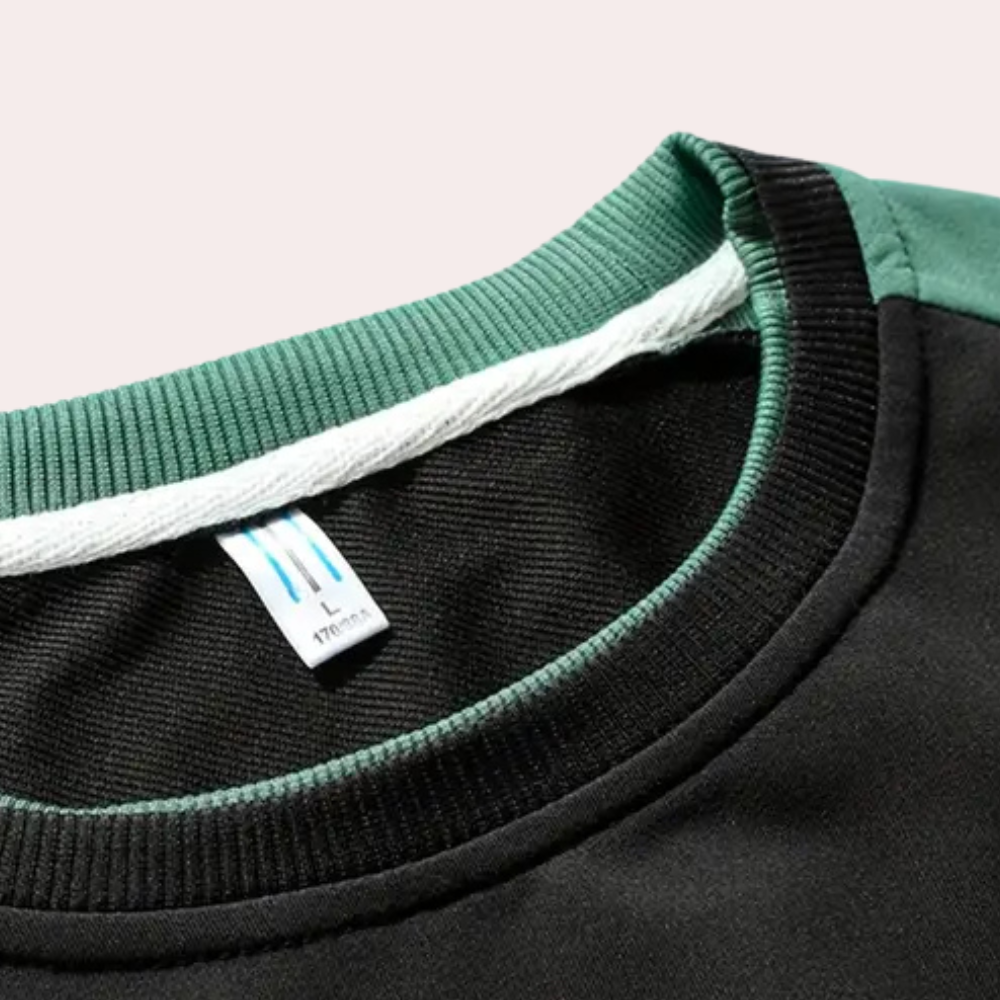 Zwart en groen sweatshirt met ronde hals, ribgebreide kraag en label met maat L. Comfortabele herenkleding, casual mode, hoogwaardige stof.