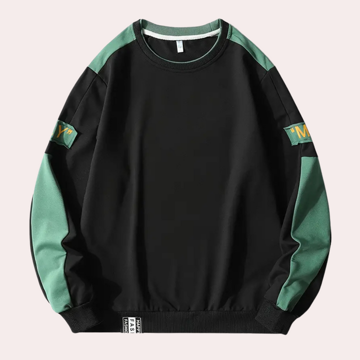 Zwart-groene unisex sweatshirt met lange mouwen, sportief design, comfortabele pasvorm, ideaal voor casual en streetwear stijlen.