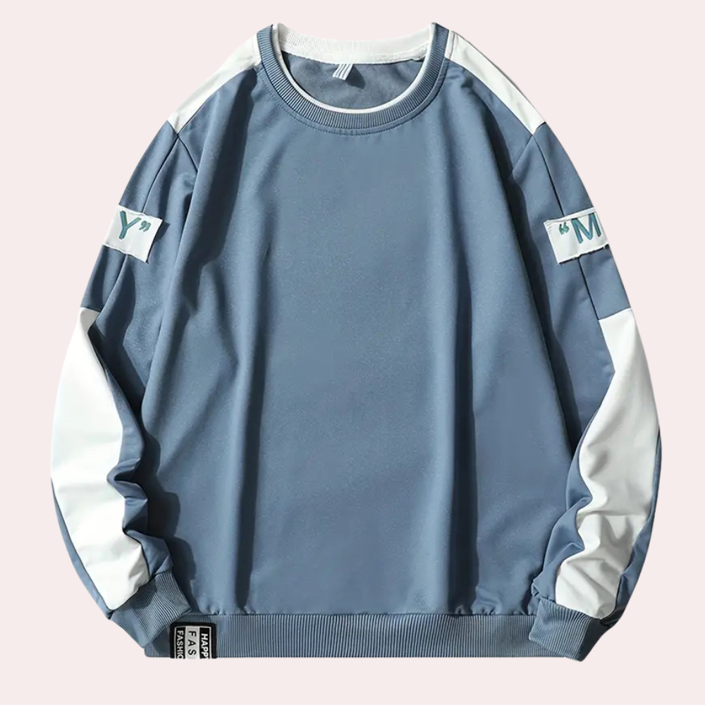 Blauwe unisex sweatshirt met witte mouwen en tekstdetails, casual streetwear, comfortabele pasvorm, ideaal voor dagelijks gebruik en modebewuste stijl.