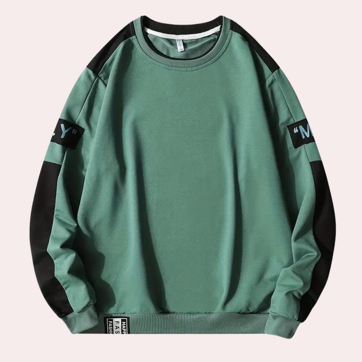 Groene unisex sweatshirt met zwarte accenten en tekstdetails op de mouwen, casual streetwear, comfortabele pasvorm, trendy mode.