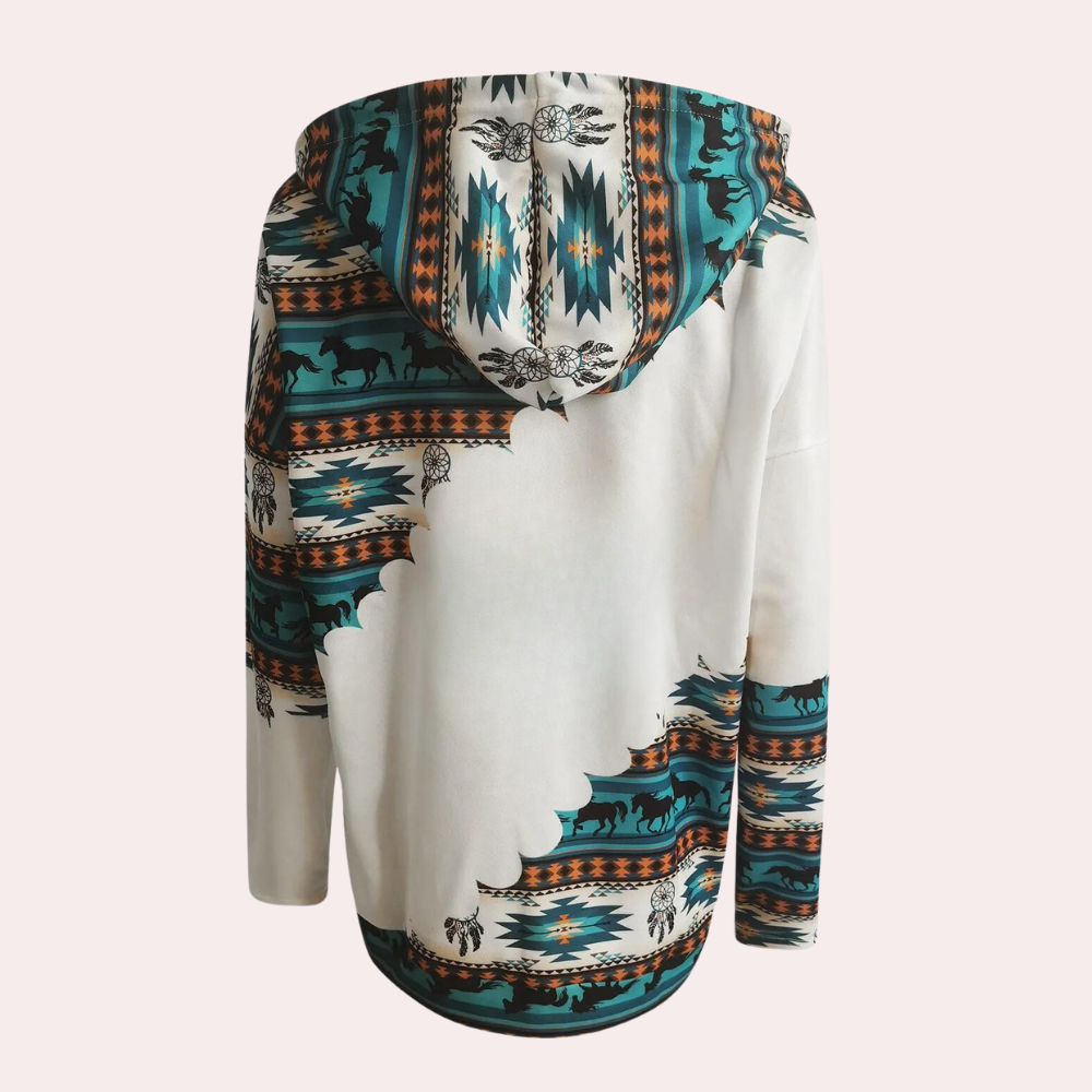 Witte hoodie met kleurrijk Azteeks patroon, capuchon en lange mouwen. Perfect voor casual mode, bohemian stijl, unisex kleding.