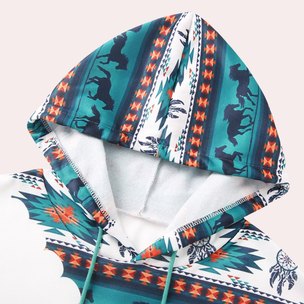 Hoodie met kleurrijk Azteeks patroon, paardenprint en capuchon. Perfect voor casual mode, streetwear en herfstkleding. Unieke etnische stijl.