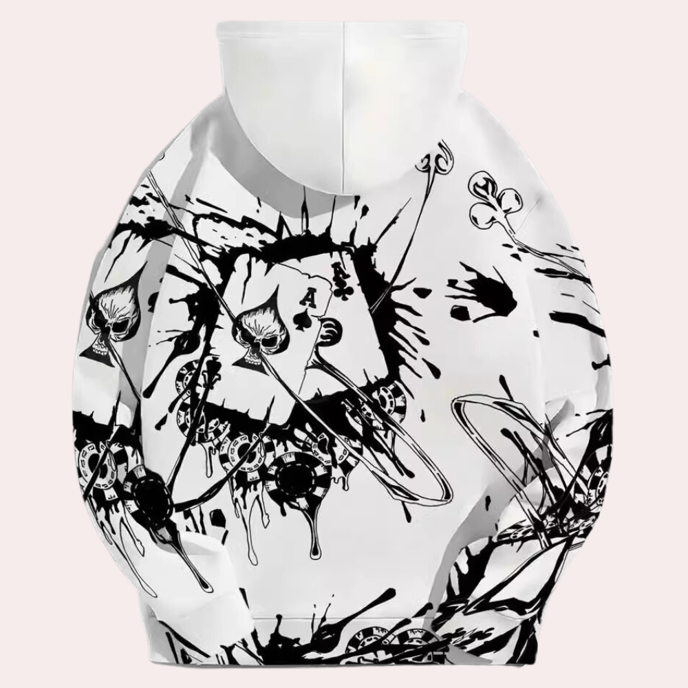 Witte hoodie met abstracte zwart-wit illustraties, waaronder schedels en inktspatten. Streetwear mode, unisex design, creatieve print.