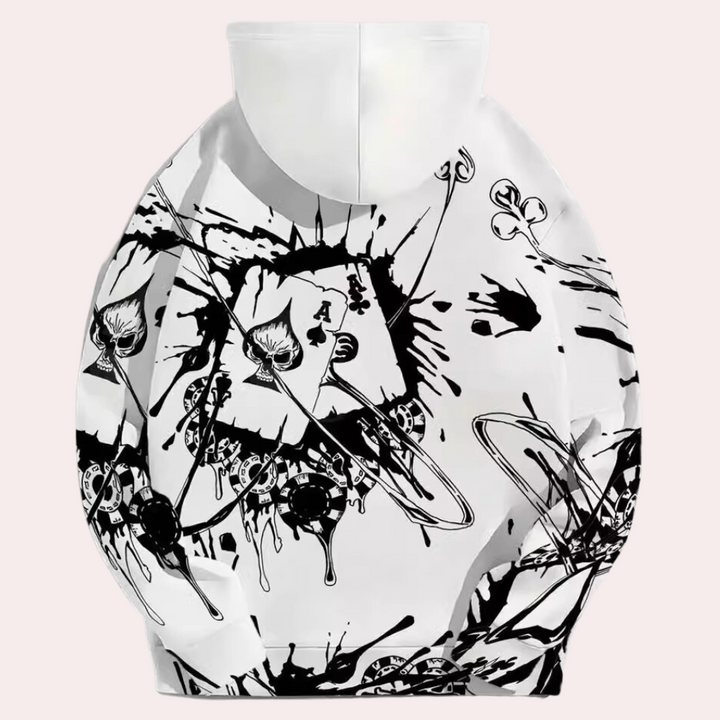 Witte hoodie met abstracte zwart-wit illustraties, waaronder schedels en inktspatten. Streetwear mode, unisex design, creatieve print.