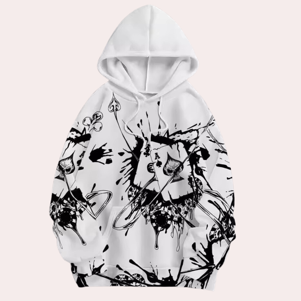 Witte hoodie met abstracte zwarte print, unisex design, streetwear stijl, comfortabele pasvorm, ideaal voor casual mode en urban outfits.