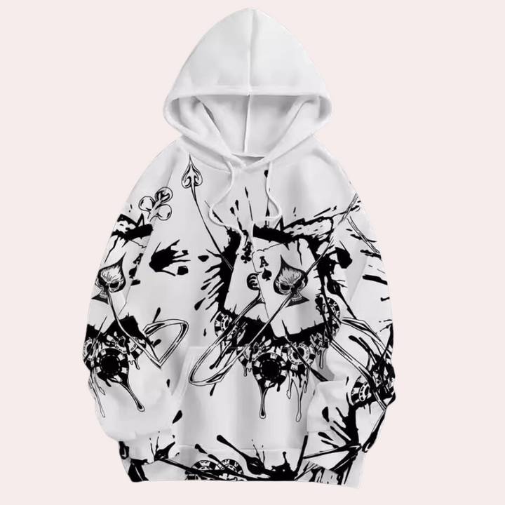 Witte hoodie met abstracte zwarte print, unisex design, streetwear stijl, comfortabele pasvorm, ideaal voor casual mode en urban outfits.