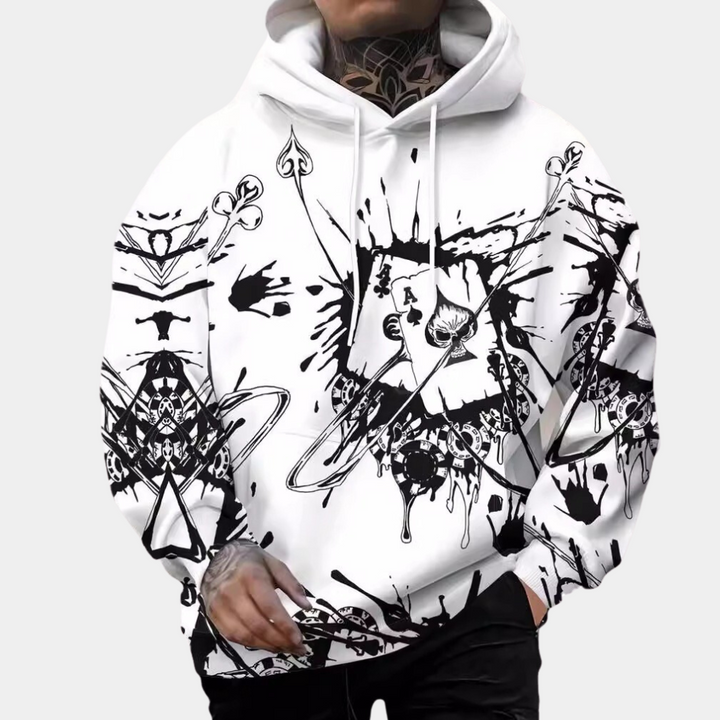 Witte hoodie met abstract zwart-wit ontwerp, inclusief spades en kronkelige patronen. Streetwear mode, unisex, casual stijl.