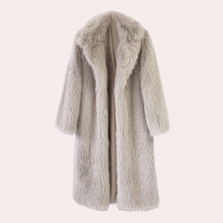 Lange beige faux fur jas voor dames, wintermode, stijlvolle warme kleding, pluizige textuur, trendy design, perfecte winterjas.