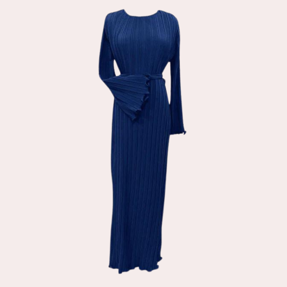 Blauwe geplooide maxi-jurk met lange mouwen en ceintuur, elegante avondjurk voor dames, modieuze formele kleding, stijlvolle galajurk.