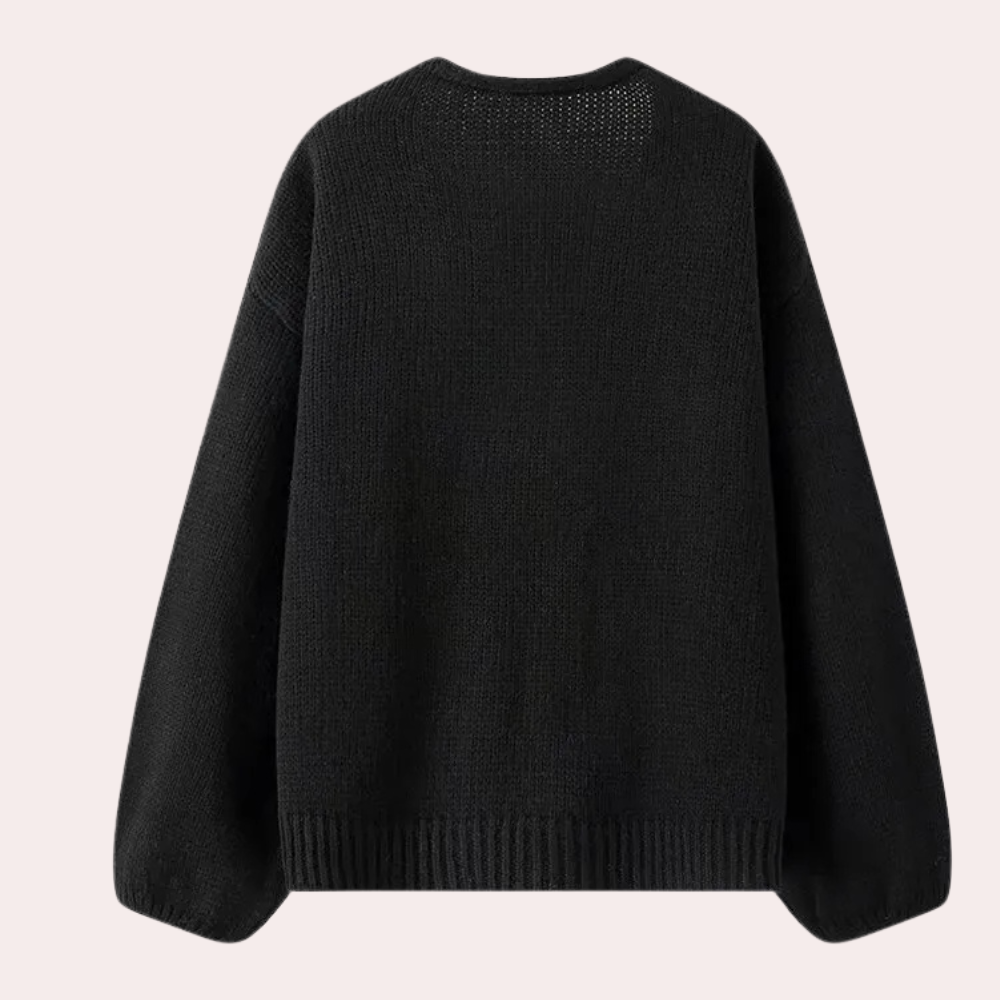 Zwarte gebreide trui, damesmode, lange mouwen, casual stijl, comfortabele pasvorm, herfst- en winterkleding, minimalistisch ontwerp.