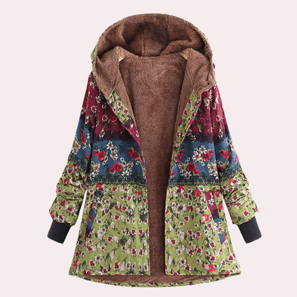 Dames winterjas met bloemenprint, gevoerd met warme fleece, capuchon, kleurrijk ontwerp, ideaal voor koude seizoenen, modieuze en comfortabele stijl.