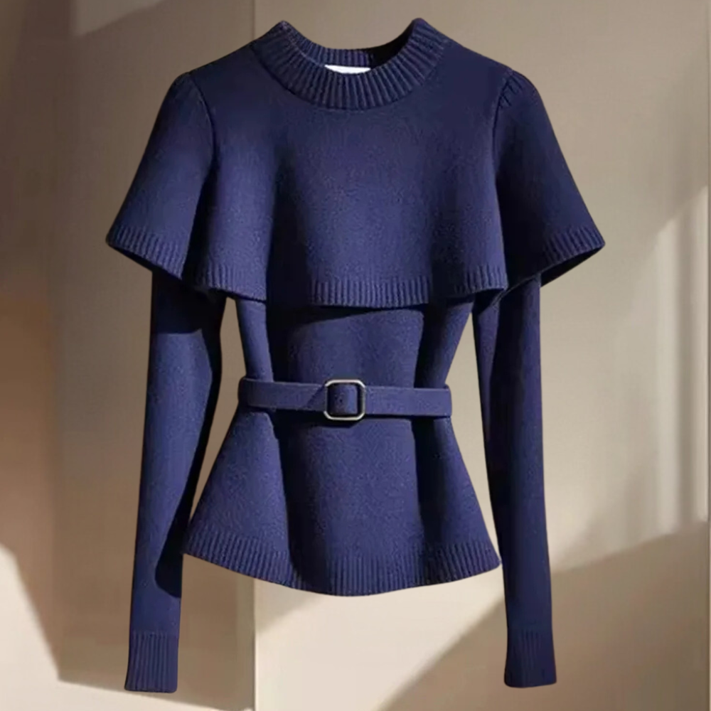 Donkerblauwe damestrui met riem, lange mouwen en schoudercape, modieuze winterkleding, elegant design, warme trui voor dames.