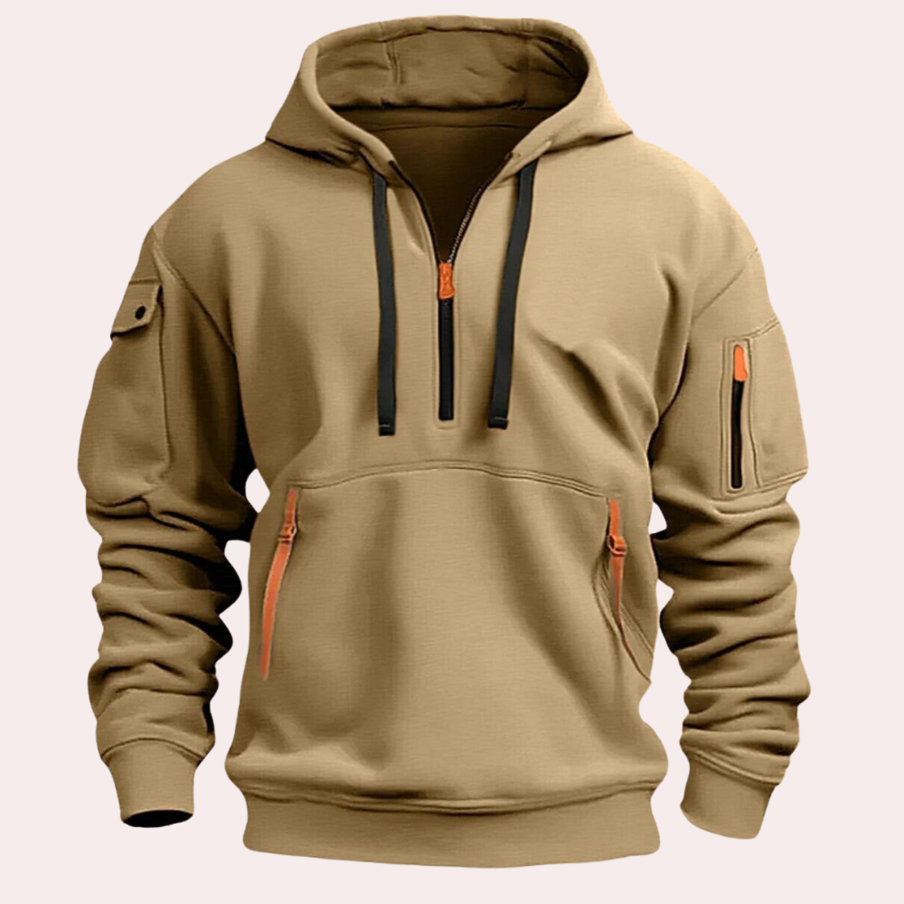 Beige herenhoodie met halve rits, zakken en capuchon. Comfortabele en stijlvolle sweater voor mannen. Perfect voor casual en sportieve looks.