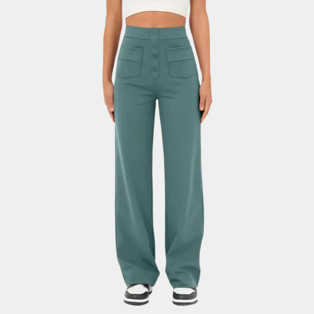 Casual damesbroek met hoge taille, wijde pijpen en knoopsluiting, ideaal voor modieuze outfits. Comfortabele pasvorm, perfect voor dagelijks gebruik.