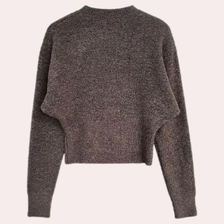 Bruine gebreide trui dames, lange mouwen, ronde hals, casual stijl, warme winterkleding, modieuze damestrui, comfortabele pasvorm.