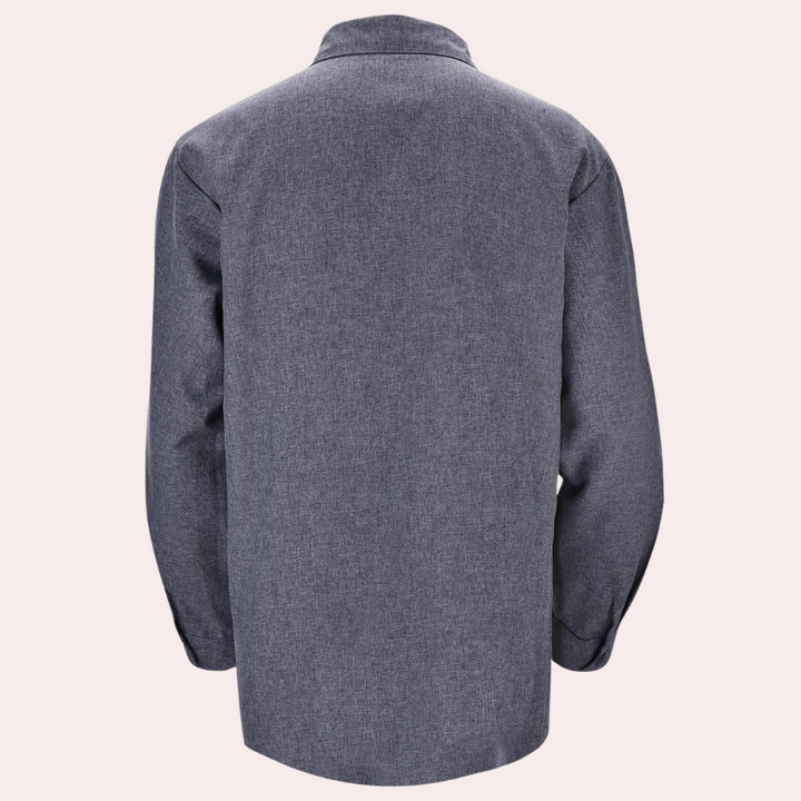 Klassiek herenoverhemd met lange mouwen, grijs, achteraanzicht. Hoogwaardige stof, ideaal voor formele en casual gelegenheden.