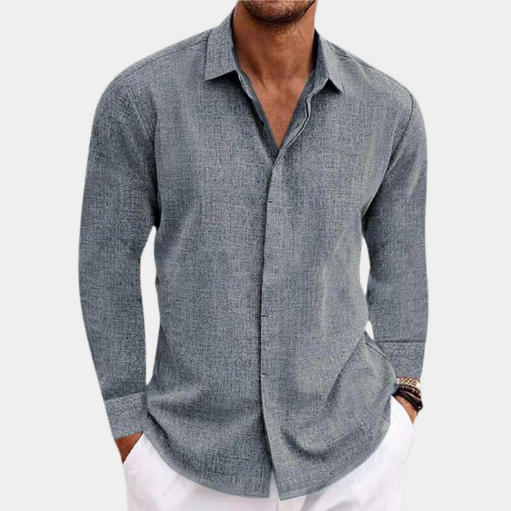 Grijs klassiek herenoverhemd met lange mouwen, casual stijl, geschikt voor zakelijke en informele gelegenheden. Comfortabele pasvorm, modieus ontwerp.
