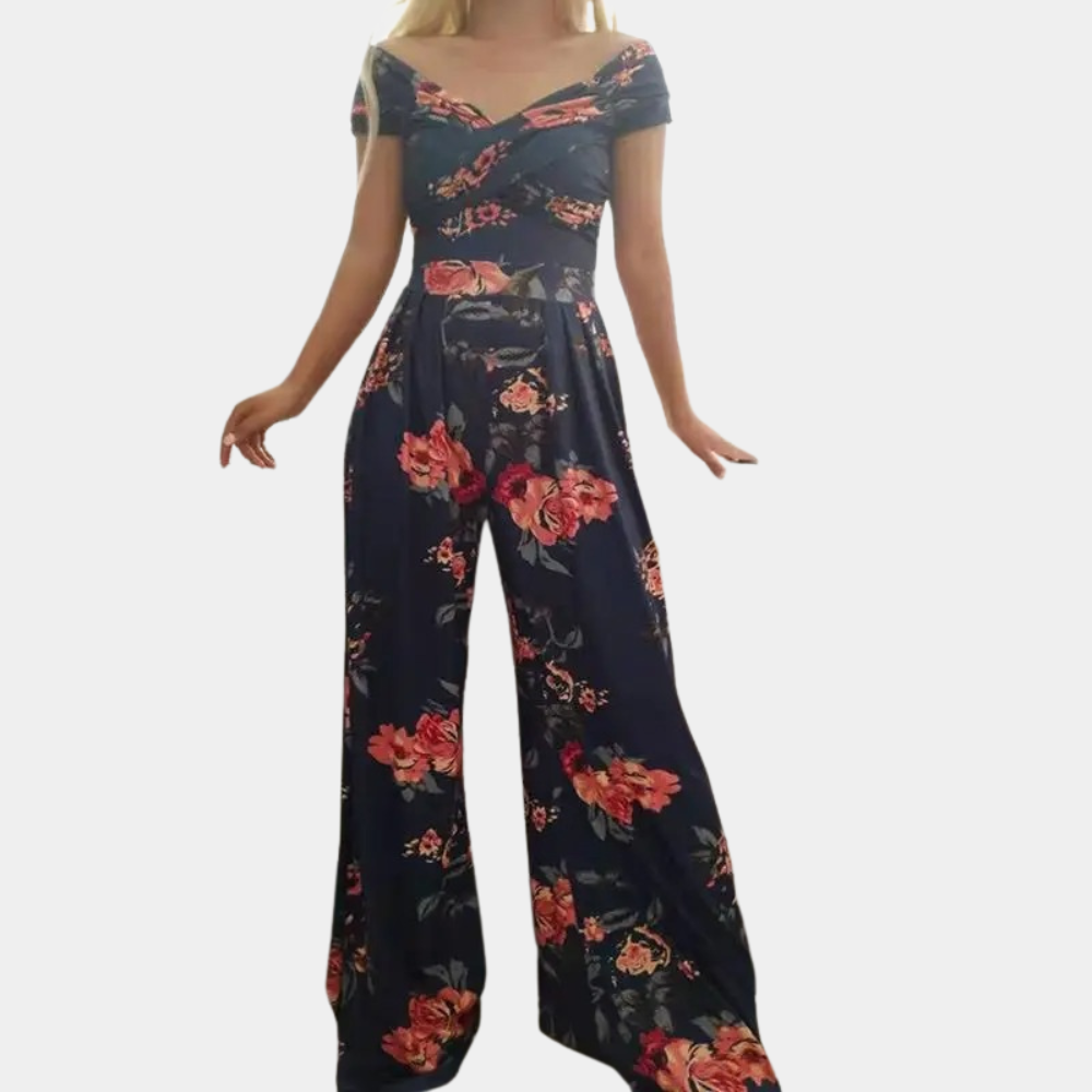 Dames jumpsuit met bloemenprint, off-shoulder ontwerp, wijde pijpen, elegante avondkleding, modieuze zomeroutfit, Clotilde collectie.