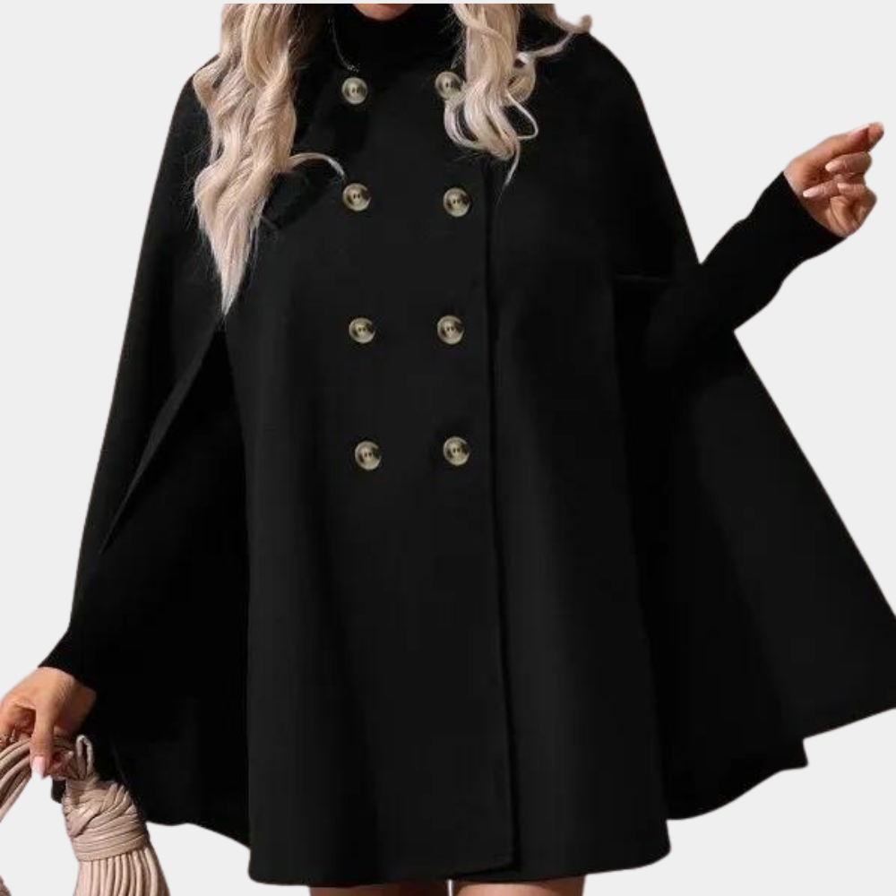 Elegante zwarte damescapejas met dubbele rij knopen, ideaal voor herfstmode. Stijlvolle en warme jas voor dames, perfect voor casual en formele gelegenheden.
