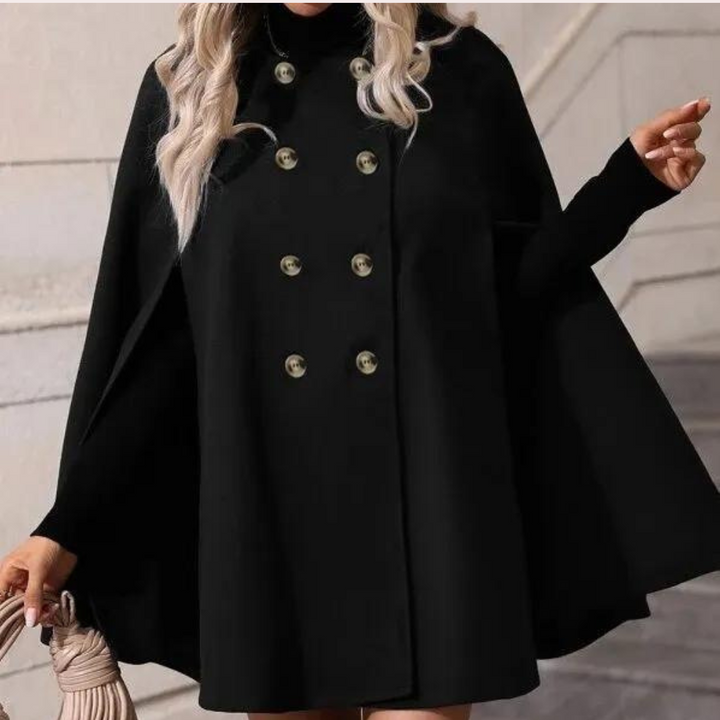Elegante zwarte damescapejas met dubbele rij knopen, ideaal voor herfstmode. Stijlvolle en warme mantel voor vrouwen, perfect voor chique gelegenheden.