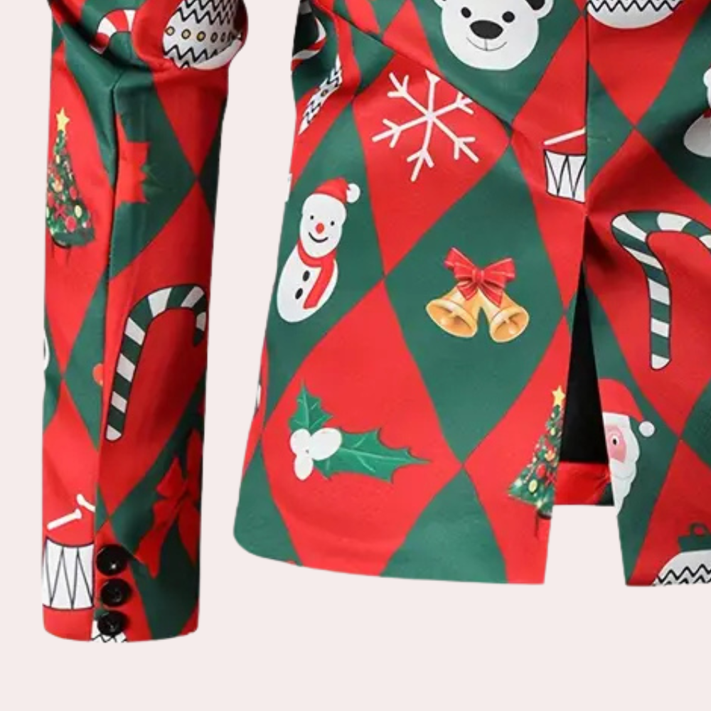 Kersttrui met rode en groene ruitpatroon, versierd met sneeuwpoppen, kerstbomen, sneeuwvlokken en kerstklokken. Perfect voor feestelijke gelegenheden.