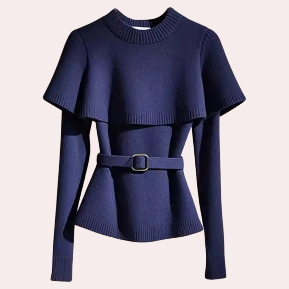Donkerblauwe damestrui met riem, lange mouwen en ronde hals. Modieuze winterkleding, elegant design, geschikt voor casual en formele gelegenheden.