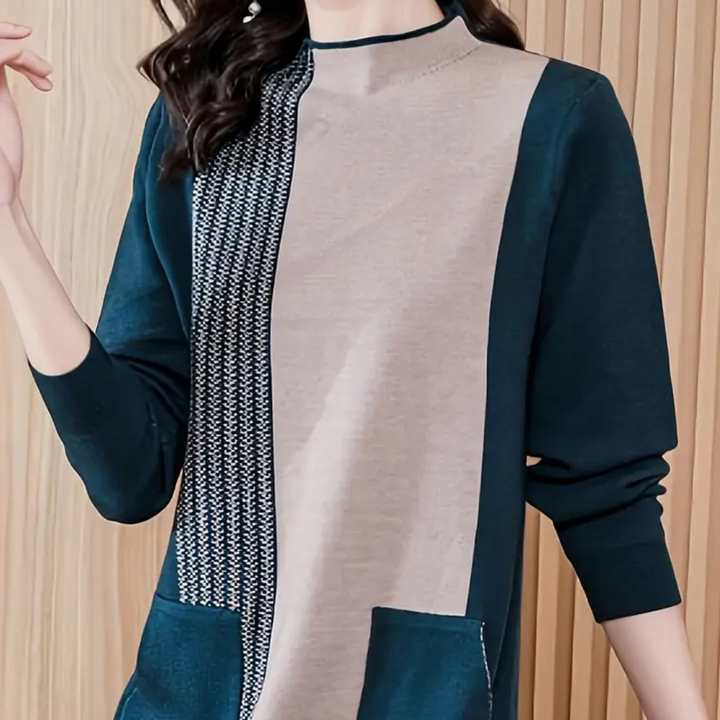 Damestrui met lange mouwen, blauw en beige kleurblokken, modieus ontwerp, comfortabele pasvorm, ideaal voor herfst- en wintermode.