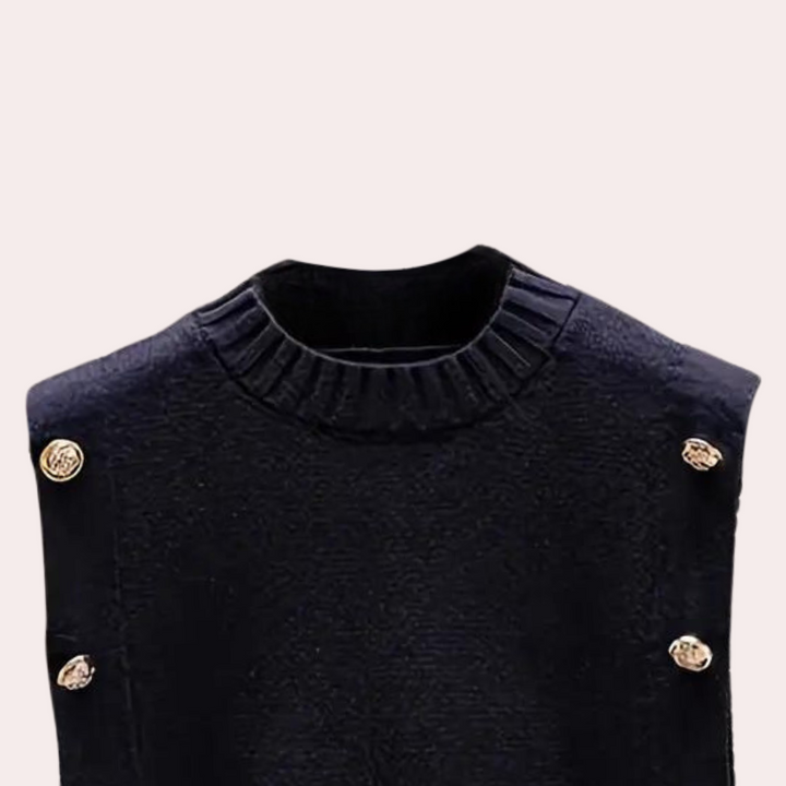 Zwarte mouwloze trui met gouden knopen, geribbelde ronde hals. Stijlvolle damesmode, elegant ontwerp, perfect voor herfst- en winteroutfits.