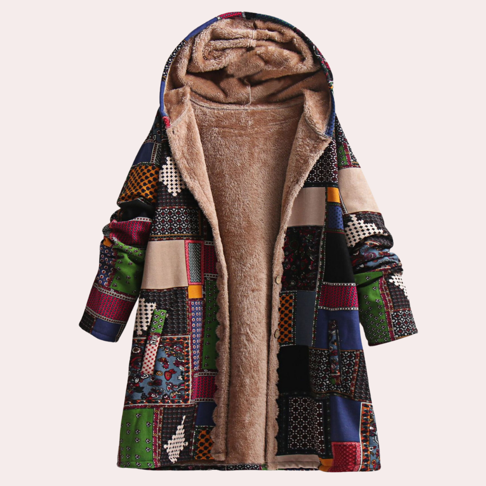 Patchwork damesjas met capuchon, kleurrijk design, warme voering, boho-stijl, wintermode, comfortabele en stijlvolle dameskleding.